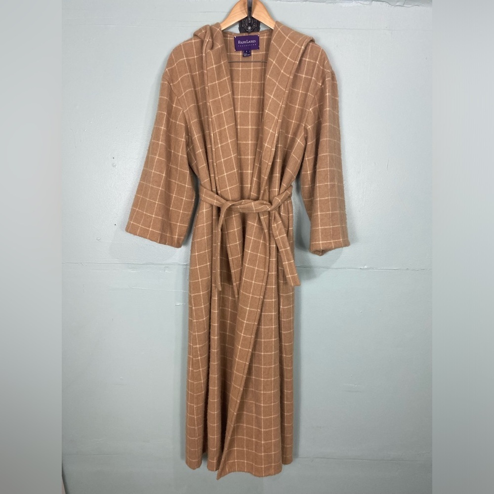 Ralph Lauren Purple Label Plaid Tan Camel Color Cashmere Duster Robe 8 Sweater
